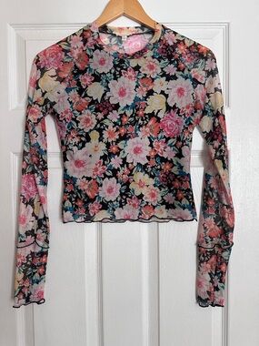 Promesa Floral Sheer Long-Sleeve Mesh Top - Pink/Black/Green